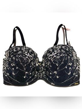 La Vie en Rose My Memory Floral Embroidered Memory Foam Bra 34DD Black NWT